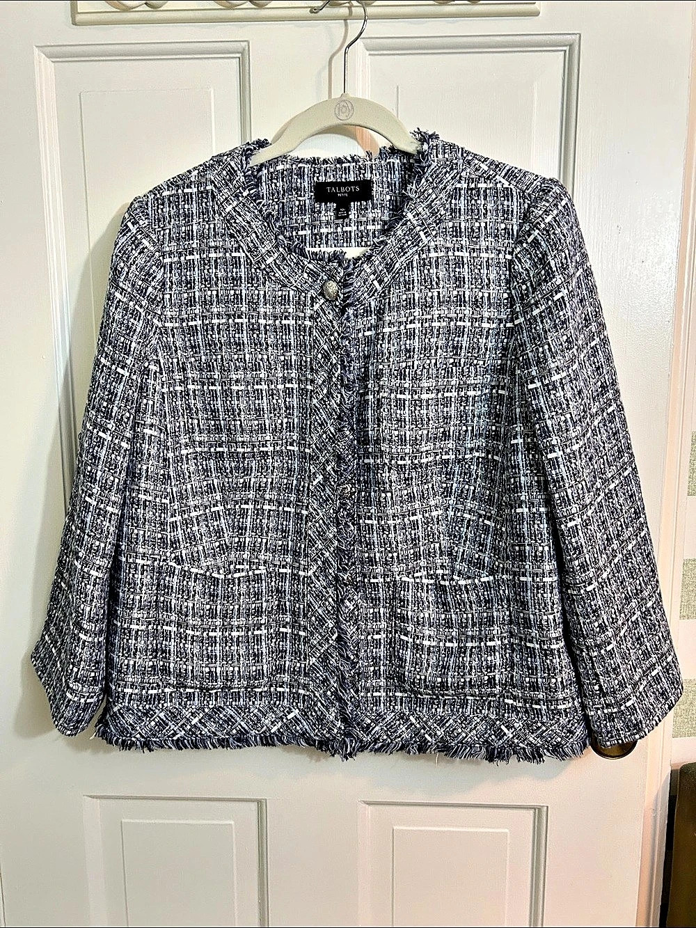 Talbots Fringe Stripe Tweed Jacket Blue & White 12P